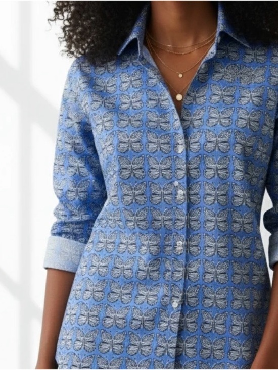 Sigrid Olsen Tops - Sigrid Olsen Blue Butterfly Jacquard Button-Down Shirt